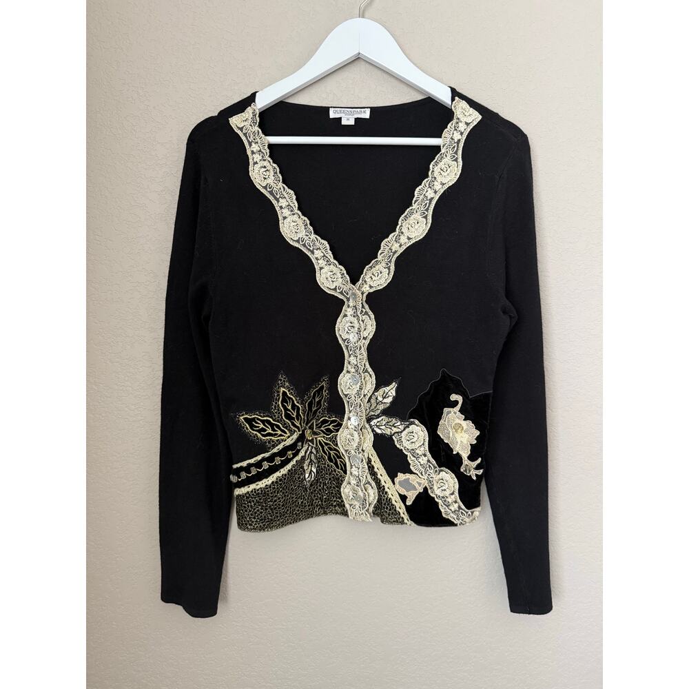 Queenspark Cardigan Size Medium Gold White Floral Embellishments Lace Trim
